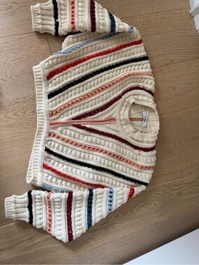 Women's Cream Striped Open-Knit Crewneck Sweater